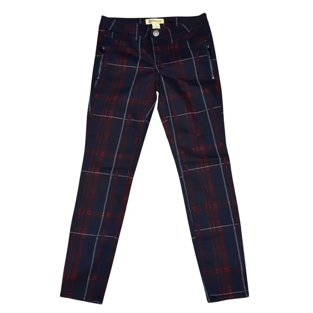 Democracy Freedom Jeggings Size 6 Navy Red Plaid Pants Zippers Stretch Preppy